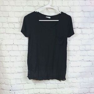 Zenana Black Short Sleeve Pocket Tee Layered Look Lacy Mesh Hem Small Stretchy